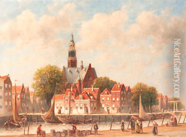 A view of the Schans, Maassluis, with the Grote Kerk beyond Oil Painting - Pieter Gerard Vertin