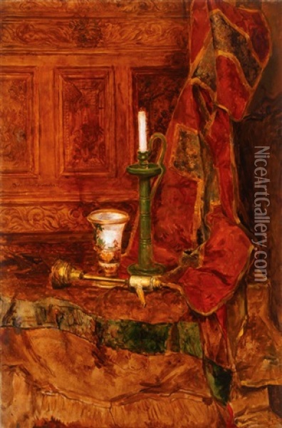 Still Life With Flag, Vase, Candlestick And Lamp Oil Painting - Cornelis Julius van Wickevoort Crommelin