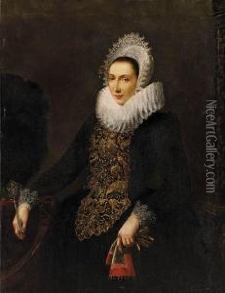 Portrait Of A Lady, Standing 
Three-quarter Length, Beside A Table,wearing A Gold-embroidered Dress 
With A Wheel-ruff Collar Andholding An Ostrich Feather Fan And A Pair Of
 Gloves Oil Painting - Nicolaes (Pickenoy) Eliasz