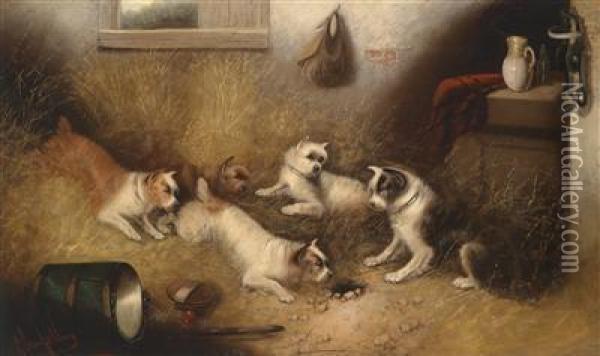 Dogs Guarding A Mousehole Oil Painting - George Armfield