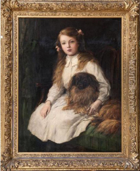 Portrait Of A Girl With Her Pet Pekingese Oil Painting - Heywood Hardy