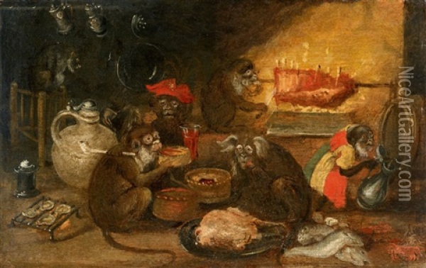 Monkeys As Merry Company Oil Painting - Abraham Teniers