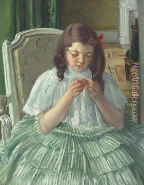 Francoise In Green, Sewing Oil Painting - Mary Cassatt