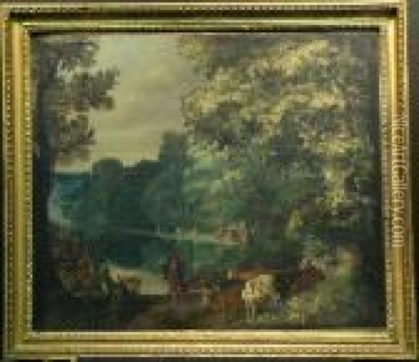 Landscape With Cattle And Drovers Oil Painting - Roelandt Jacobsz Savery