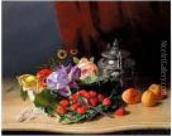 Still Life Of Flowers And Fruit Oil Painting - David Emil Joseph de Noter