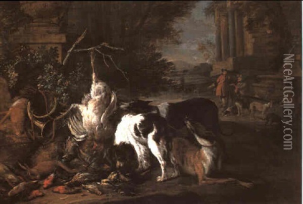 An Italinate Landscape With Hounds Guarding The Trophies Of The Hunt... Oil Painting - Adriaen de Gryef