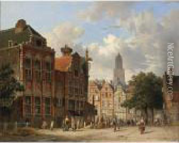 Many Figures On A Square In Utrecht Oil Painting - Adrianus Eversen