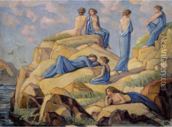 Die Blauen Gewander (the Blue Robes) Oil Painting - Ludwig Von Hofmann