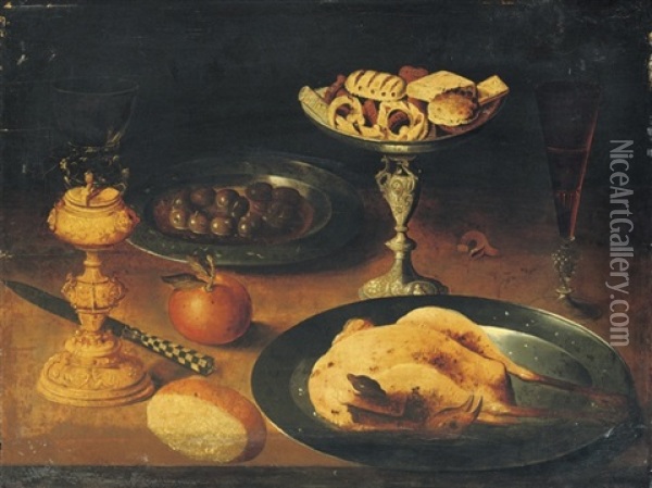 A Roasted Chicken, A Facon De Venise Glass Of Red Wine, On A Ledge Oil Painting - Osias Beert the Elder