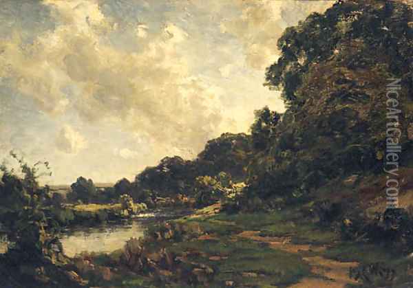 A wooded River Landscape Oil Painting - Jose Weiss