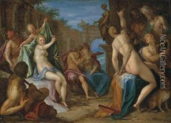 An Assembly Of The Gods, With Jupiter Embracing Minerva, Venusconfronting Diana Observed By Hercules, Mercury, Cupid And Apollo,and Neptune And Hades Conversing, In Classical Ruins Oil Painting - Hans Von Aachen