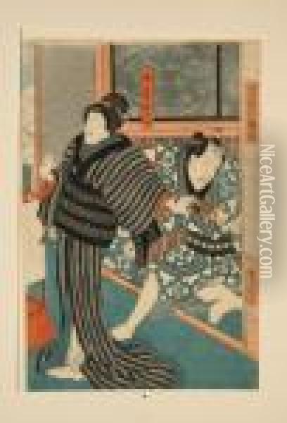 A Man And Woman At A Doorway. Oil Painting - Utagawa Toyokuni Iii