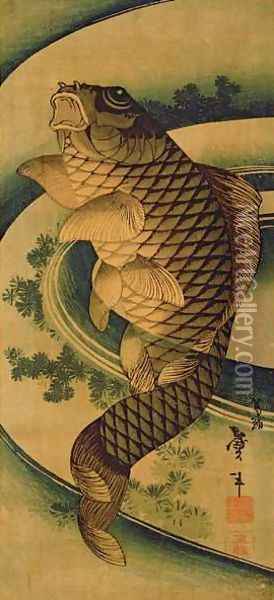 A Carp in a Swirl of Water Oil Painting - Katsushika II (Hokusen) Taito