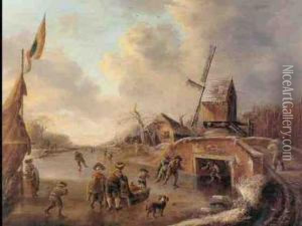 Winter Landscape With Peasants On A Frozen River Oil Painting - Andries Vermeulen