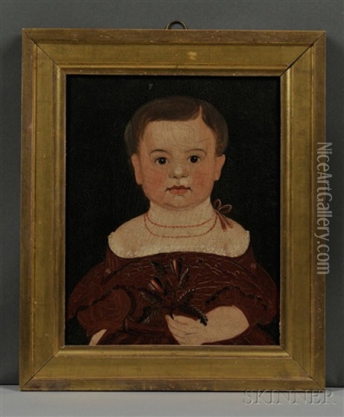 Portrait Of A Child In A Red Dress Holding A Floral Sprig Oil Painting - William Matthew Prior