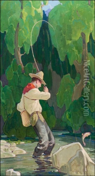 Fisherman In A Stream Oil Painting - William Herbert Dunton