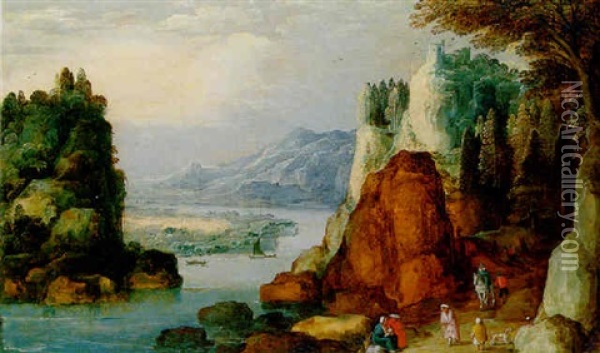An Alpine Landscape With Travellers And Gypsies On A Path Oil Painting - Joos de Momper the Younger