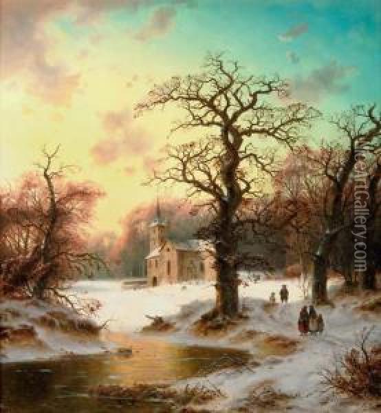 A Little Church In Winter Oil Painting - Ludwig Scheins