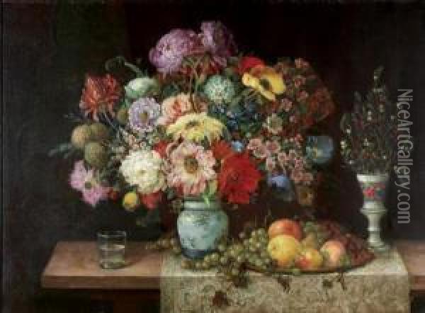 Elaborate Floral Still Life With Fruit And Berries Oil Painting - Frans Mortelmans