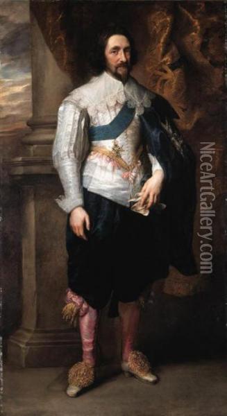 Portrait Of Charles, Marquis De 
Vieuville, Full-length, In A Silverslashed Doublet With A Lace-edged 
Collar And Cuffs, Black Silkcloak And Breeches, And Pink Hose, Wearing 
The Order Of The Saintesprit, Beside A Draped Curtain On A Terrace, A 
Lands Oil Painting - Sir Anthony Van Dyck
