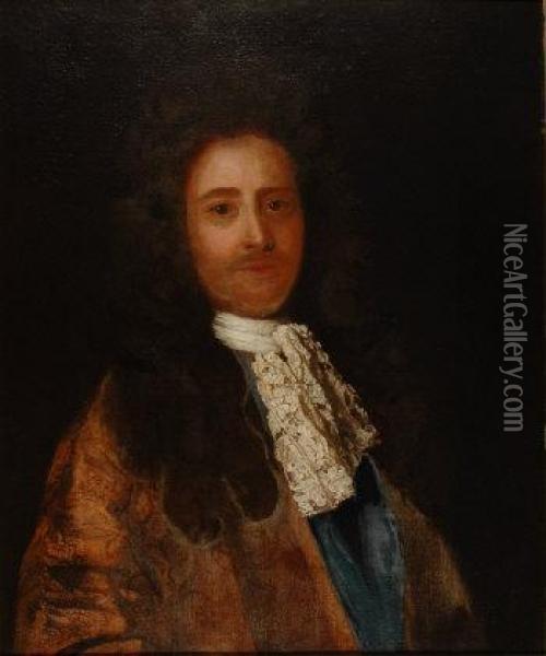 Wearinga Brown Velvet Coat And Lace Cravat Oil Painting - Sir Godfrey Kneller
