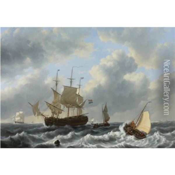 A Threemast And Other Vessels In An Estuary Oil Painting - Johannes Christiaan Schotel