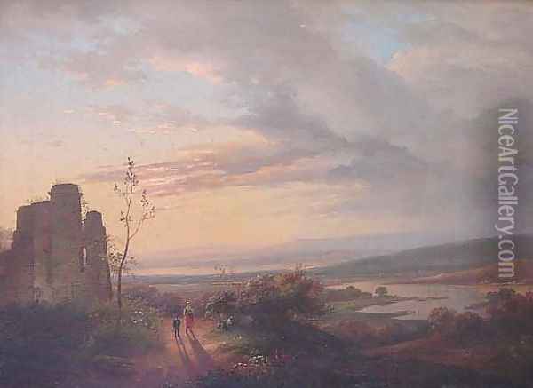 Castle Ruins at Twilight Oil Painting - Andreas Schelfhout