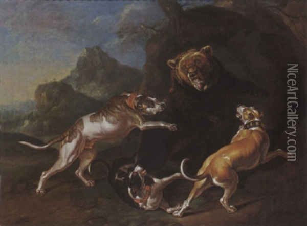 A Hunting Scene With Dogs Bringing Down A Bear Oil Painting - Philipp Ferdinand de Hamilton