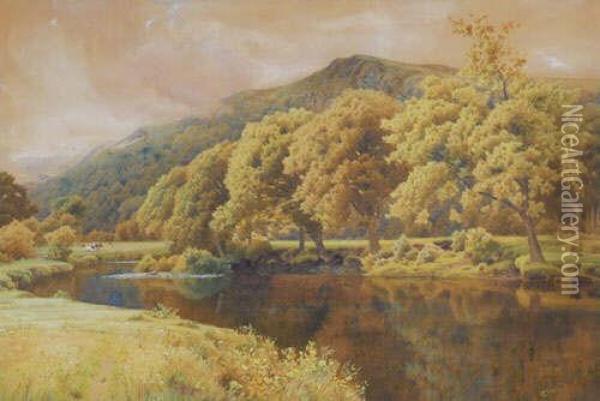Near Betws-y-coed An Extensive Riverlandscape Oil Painting - Peter Ghent