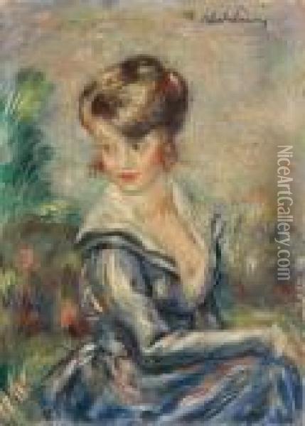 Portrait De Jeune Femme A La Robe Bleue Oil Painting - Abel Jules Faivre