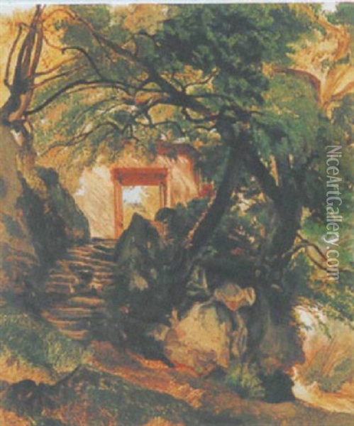 Escalier Et Portail Dans Un Bosquet Oil Painting - Alexandre Calame