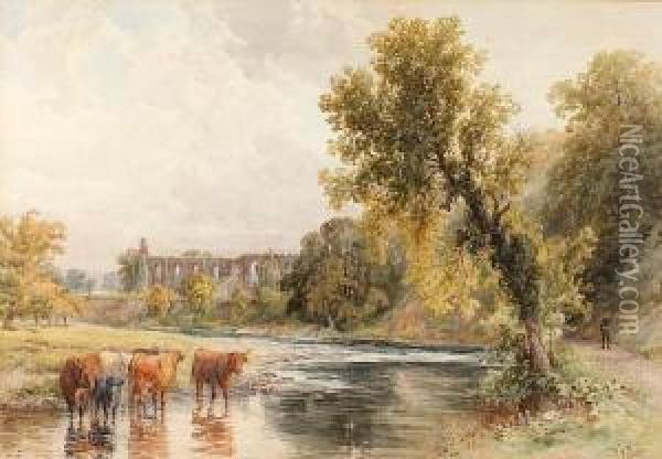 Cattle Watering Before A Ruined Abbey Oil Painting - Walter Henry Pigott