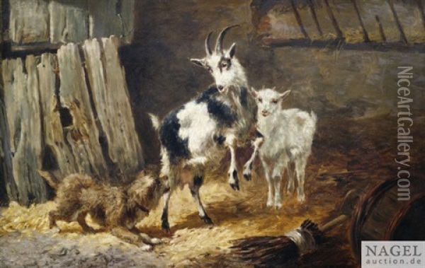 Ein Hund Erschreckt Zwei Ziegen Im Stall Oil Painting - Edouard Woutermaertens