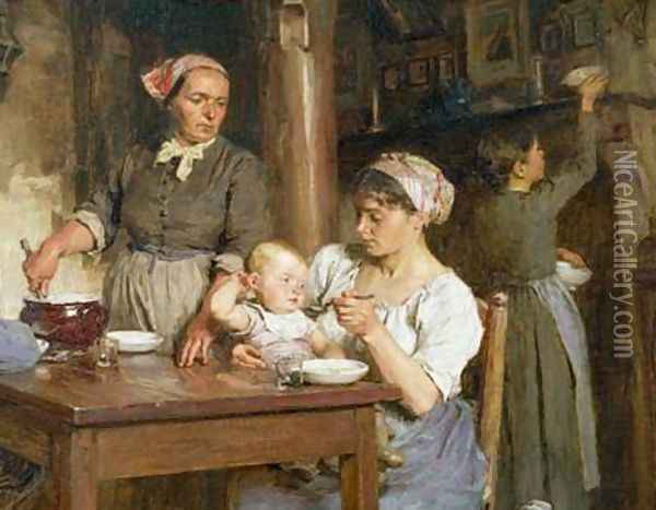 The Midday Meal detail of feeding the baby Oil Painting - Leon Augustin Lhermitte
