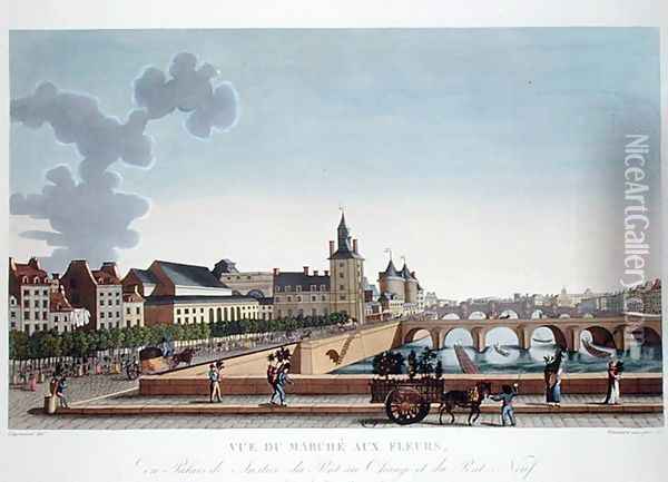 View of the Flower Market by the Palais de Justice, c.1816-20 Oil Painting - Henri Courvoisier-Voisin