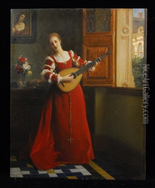 Woman By A Window With Mandolin Oil Painting - Pierre Charles Comte
