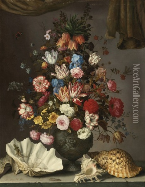 A Crown Imperial Lily, Tulips, Irises, Roses, Carnations, Aquilegia, Fritillaries And Other Flowers In A Sculpted Urn, With Seashells On A Stone Ledge, A Lizard, A Caterpillar, Red Admirals, A Dragonfly And A Bee, A Curtain Draped Above Oil Painting - Balthasar Van Der Ast