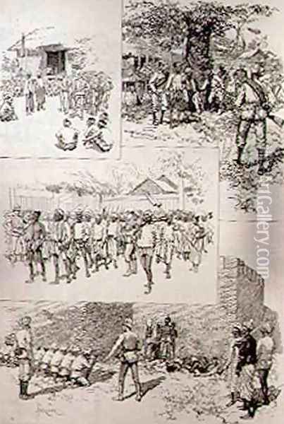 Sketches in Burmah Searching for Dacoits; Finding Dacoits; Marching Dacoits to Prison; Shooting Dacoits Outside the City Walls at Mandalay, from The Illustrated London News, 20th March 1886 Oil Painting - Melton Prior