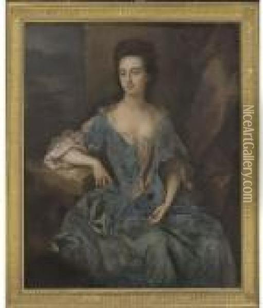 Portrait Of A Lady, Thought To 
Be Mrs Levinz, Three-quarter-length,seated In A Blue Dress, Her Right 
Arm Resting On A Ledge, A Woodedlandscape Beyond Oil Painting - Michael Dahl