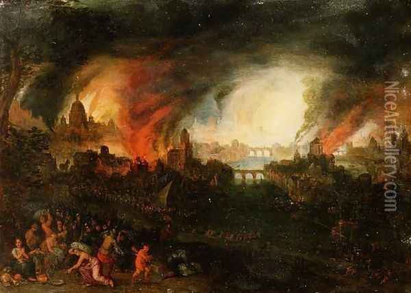 The Burning of Troy Oil Painting - Pieter Schoubroeck