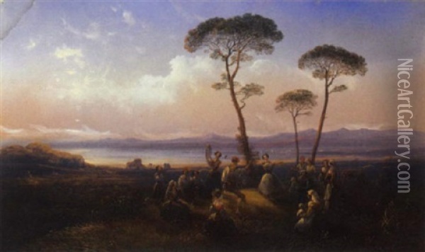 Tarantella Nel Paesaggio Napoletano, 1849 Oil Painting - Carlo Bossoli