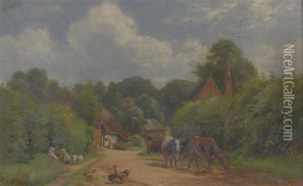 Country Track With Cows, Chickens And Two Children Oil Painting - Alfred Banner