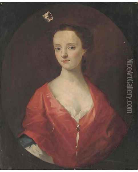Portrait of a young lady, bust-length in a red dress within a feigned oval Oil Painting - Sir Godfrey Kneller