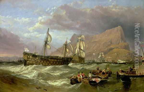 The Victory Towed into Gibraltar, 1854 Oil Painting - William Clarkson Stanfield