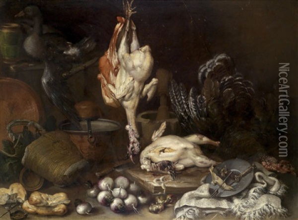 Eine Gans, Truthahne, Ruben, Brot, Eine Waage Und Anderes Oil Painting - Felice Boselli