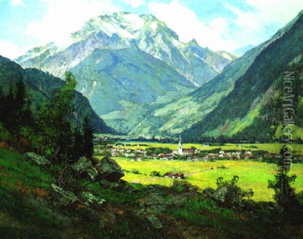 Blick Auf Mayrhofen Im Zillertal, Im Hintergund Der Grunberg Oil Painting - Edward Theodore Compton