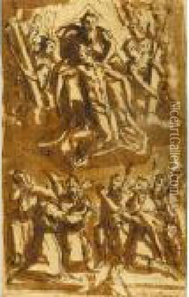 Cristo Morto Adorato Da Un Gruppo Di Pellegrini Oil Painting - Cesare Nebbia