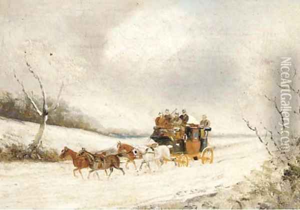 A stage coach in a winter landscape Oil Painting - Philip H. Rideout