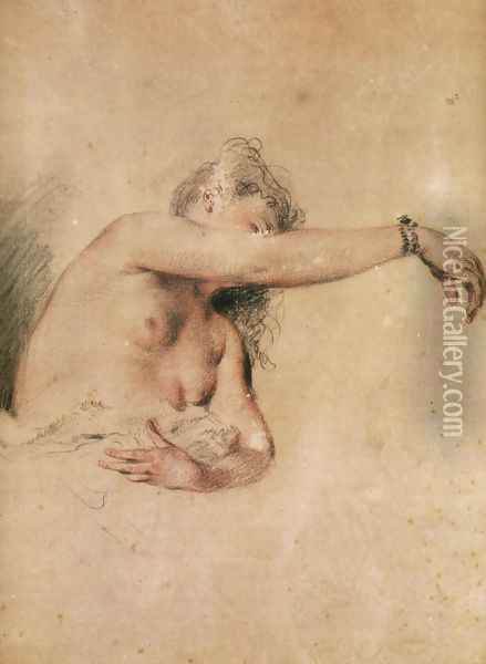 Female Nude with Right Arm Raised Oil Painting - Jean-Antoine Watteau