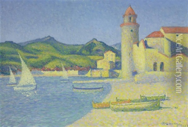 Voiles Blanches A Collioure Oil Painting - Achille Lauge